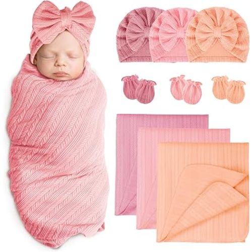 AQOKKA Baby Swaddle Blankets Wheat Ear Bow Hats Mitten for Newborns