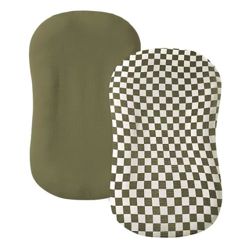 guruixu Muslin Baby Lounger Cover 2 Pack, 100% Cotton Infant Lounger Cover, Soft & Breathable Replacement Slipcover, Compatible with Snuggle Me Newborn Lounger (Olive,Olive Check)