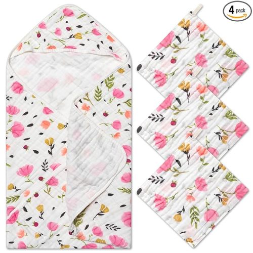 Zainpe 4Pcs Muslin Baby Hooded Towel & Washcloth Set Spring Pink Flowers Pattern Soft Absorbent Cotton Bath Hood Towels for Newborn Toddlers Essentials Boys Girls Infant Shower Gift 31.5 x 31.5 in
