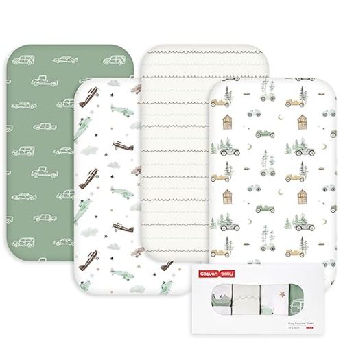 Gllquen Baby Bedside Sleeper Sheets 33x20 Inch 4 Pack - Fitted Crib Mattress Covers, Ultra Soft Oeko-TEX Certified Bassinet Sheets for Girls Boys, Gift Ready Box for Baby Shower (Retro Traveler)
