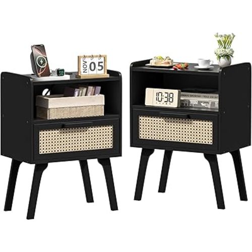 Lerliuo Rattan Nightstands Set of 2, Bedside Table with Drawer Open Shelf, Cane Accent Side End Table with Solid Wood Legs, Black Mid Century Night Stand for Bedroom, Dorm and Small Spaces