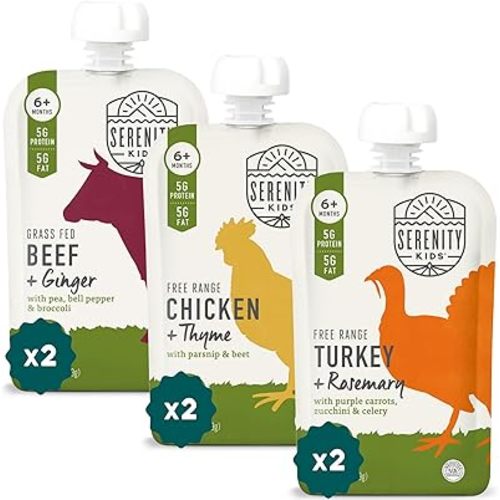 Serenity Kids 6+ Months Baby Food Pouches - Nutrient-Packed Organic Baby Food with 5g Protein - Savory Meat & Herb Toddler Pouches - 3.5 Oz, Pack of 6