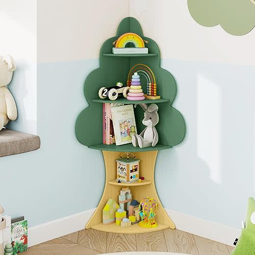 HONEY JOY Tree Kids Bookshelf, 5-Tier Wooden Toddler Corner Bookcase, Children Book Rack & Magazine Display Shelf, Toy Storage Organizer, Book Shelf for Kids Rooms, Playroom, Nursery, Classroom