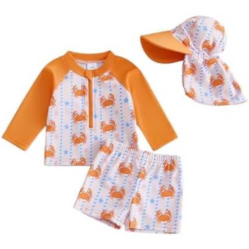 Toddler Boy Swimsuit Crab Print Long Sleeve Rash Guard Shirt Swim Trunks Sun Cap 3 Piece Baby Bathing Suit