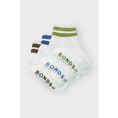 Bonds Baby Logo Cushioned Quarter Crew With Stripe 3 Pack | Baby Socks | RXGY3N