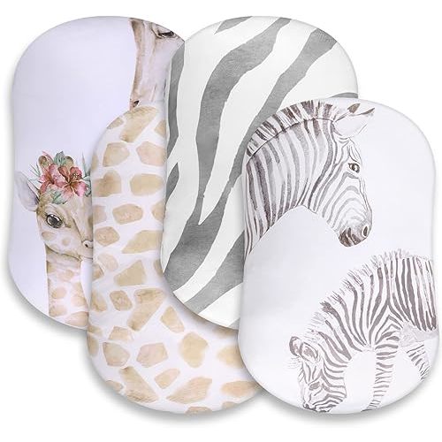 Rtteri 4 Pcs Baby Bassinet Sheets Soft Fitted for Baby Boys Girls Soft Cotton Animals Bassinet Sheet Cover Safe Comfort for Standard Bassinet Pads Rectangular Mattress Cradle, Zebra, Giraffe