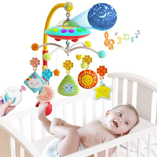 Eners Baby Crib Mobile with Music and Lights, Mobile for Crib with Remote Control, Rotation, Moon and Star Projection, Baby Crib Toys for Boys Girls (Red)