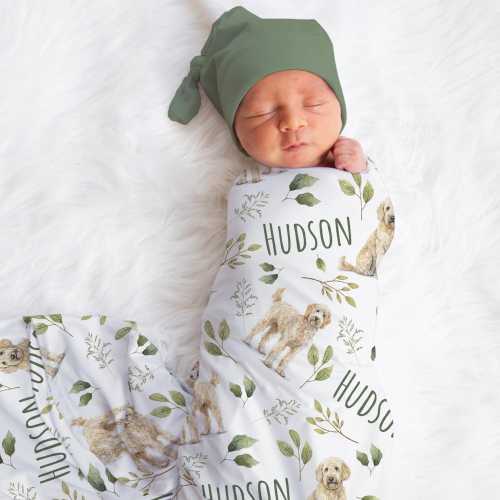 Personalized Goldendoodle Swaddle Blanket For Baby Shower, Custom Dog Newborn Baby Boy Gift, Dog Toddler Name Blanket Coming Home Outfit