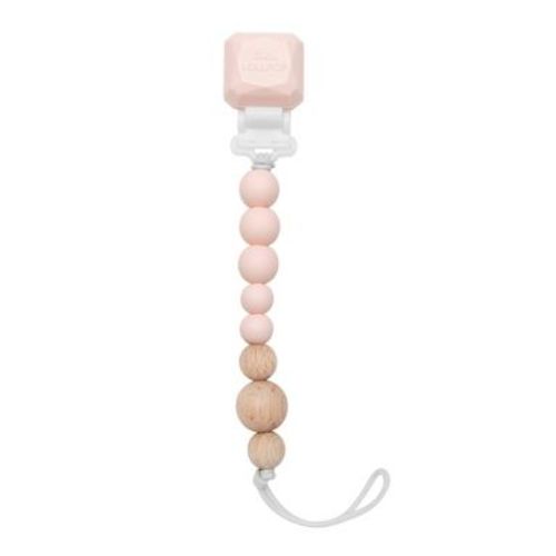 Loulou Lollipop Silicone + Wood Soother Holder in Silicone Clip - Color Pop Pink Quartz