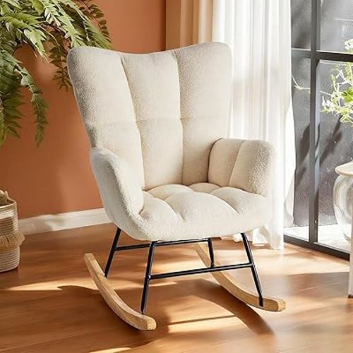 DUMOS Rocking Chair with High Backrest, Teddy Upholstered Indoor Reading Glider Chair with Comfy Seat for Bedroom, Living Room, Office, Beige