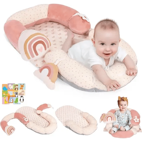 4 in 1 Tummy Time Mat & Seated Support Pillows with Educational Cards, Play Mat, Sitting Support for Newborn 0-12 Months, Infant Sit Up Floor Seat, Sensory Development Gifts Play Toys, Rainbow