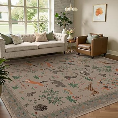 Woodland Animal Rug 8x10 Washable Area Rug Soft Low Pile Non Slip, Nature Inspired Large Carpet for Living Room, Kids Playroom, Nursery, Office (Light Taupe, 8'x10')