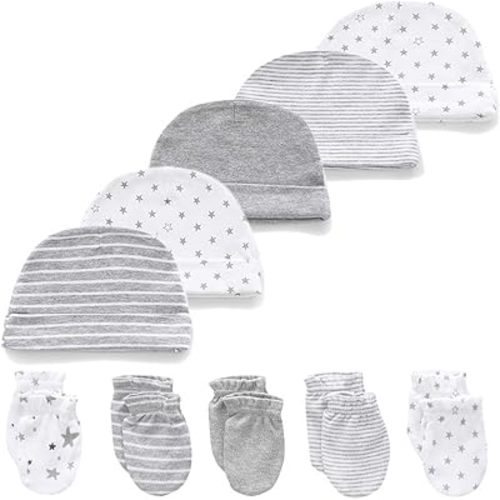 ddiezoom Newborn Baby Cap and Mitten Bundle Baby Hats and Mittens Baby Gloves Sets, Grey Heather Set, 0-6 Months
