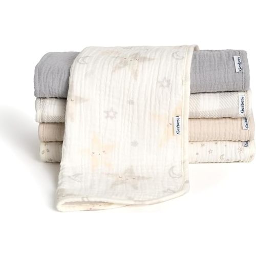 Gerber Baby Unisex Muslin Burp Cloths 5-Pack, Multi Stars, Large Size 20" x 10"