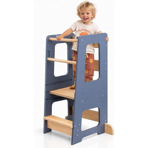 KYWAI® Toddler Kitchen Stool Helper, Adjustable Standing Tower with Safety Rails, Anti-Tip Design & Non-Slip Stickers, Sustainable Product with Extra Memory Game Made from Leftover Wood (Grey Blue)