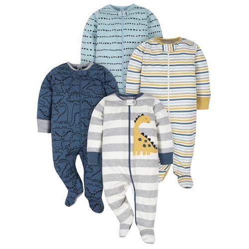 Gerber Baby Boys 4 Pack 'N Play Footie And Toddler Sleepers, Dinosaur Blue, Newborn US