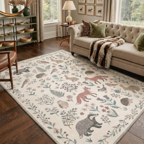 Bungalow Rose Rustic Woodland Creatures Oatmeal Beige Kids Area Rug, Washable Indoor Rug With Non-Slip Backing | Wayfair