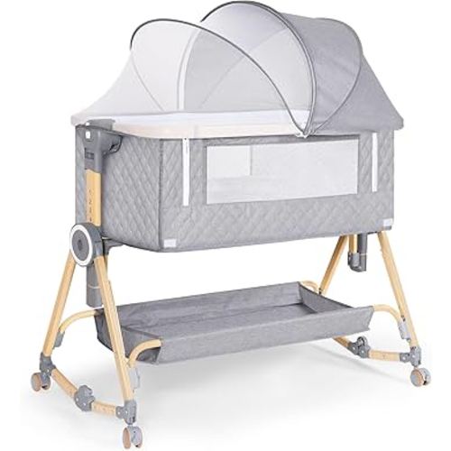 Baby Bassinet 5 in 1,Baby Bedside Bassinet with Diaper Table, Mosquito Net, Mattress, Storage Layer, Can Be Stored in One Button Travel Crib (Gray)
