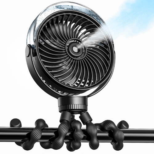 SWEETFULL Portable Misting Stroller Fan，Spray Cooling 4 Speeds, Quiet Rechargeable Fans for Travel, Outdoor, Golf Cart, Car Seat, Beach (Black)
