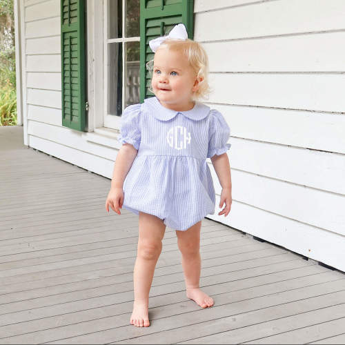 French Blue Stripe Seersucker Collared Bubble