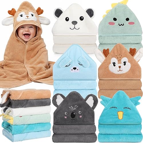 SmoothNovelty 6 Pack Baby Hooded Towels Infants and Toddlers Coral Fleece Baby Bath Towels 31.5 x 31.5 Inch Absorbent Cute Soft Newborn Bath Essentials Gifts for Boys & Girls(Multicolor,Elegant)