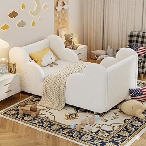 DoCred Toddler Bed, Toddler Bed for Girls&Boys with Rails, Standard Crib Size Toddlers Floor Beds,Soft Kid Bed,White