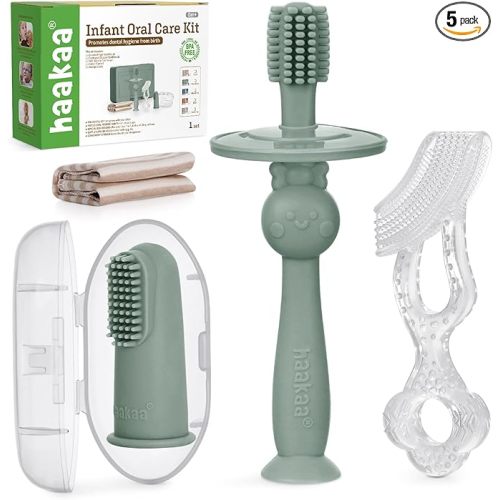 haakaa Training Toothbrush Set Oral Care Kit, Soft Silicone Toothbrush for Baby, Infants, Toddlers & Kids, Pea Green