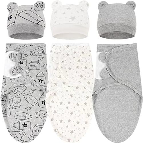 BQUBO 3 Pack Baby Swaddle Sleep Sacks Baby Swaddle Blanket Wrap with Bear Ears Hat for 6-12 Lbs Newborns & 0-3 Months Girls Boys
