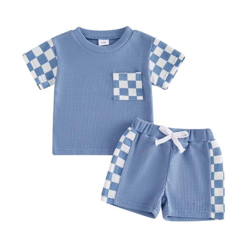 Staki Baby Boy Summer Clothes Toddler Infant Plaid Patchwork Outfit Short Sleeve Round Neck Tops and Casual Shorts Set 6M 12M 18M Blue,6-12 Months