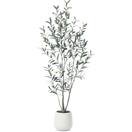 Artificial Olive Tree, 5FT Fake Silk Plants with White Planter, Tall Artificial Plants Indoor, Faux Olive Tree for Home Living Room Decor, Set of 1