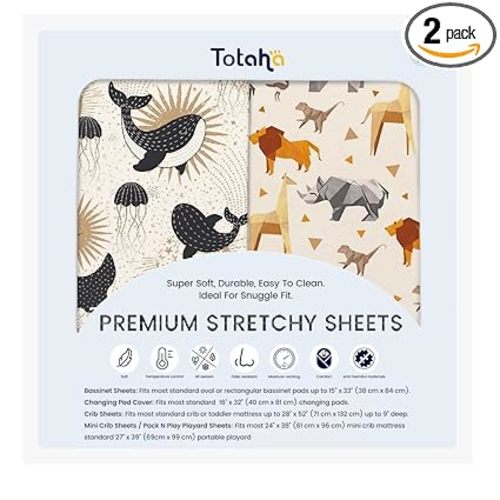 Graco Pack and Play Sheets - Fitted, Hypoallergenic Mini Crib Sheets - Boy - Zoo Safari & Sea Animals - 2 Pack