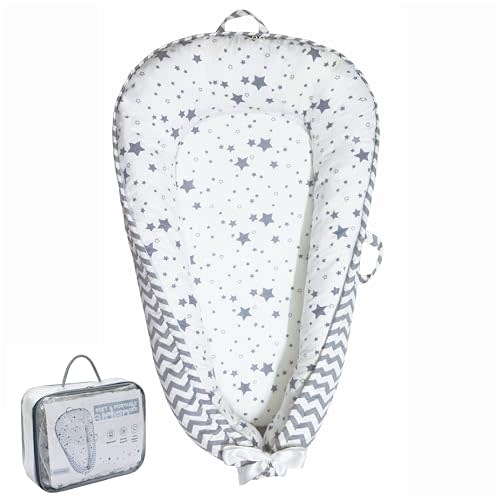 Aila+Aiden Baby Lounger | Organic Cotton Infant Lounger | Reversible, Adjustable & Portable Floor Lounger |Supervised Use | Soft, Breathable, Washable Cover - Star Collection (Gray)