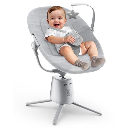 Zoicay Lightweight Baby Swing for Infant with 3 Modes & 5 Speeds, 12 Lullabies and 3 Timer Settings Electric Newborn Swing, 2 Seat Positions & 5-Point Harness Portable for Indoor & Outdoor Use (Gray)