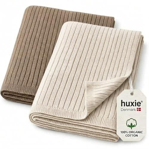 Receiving Blankets, 100% Organic Cotton Knit, Baby Swaddle 2-Pack | GOTS-certified, soft breathable layer for stroller, car seat & nursery, shower gift (Ivory & Mochachino)