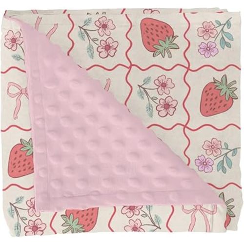 Boho Strawberry Flowers Baby Blankets for Girl Strawberries Pink Bows Checkerboard Soft Mink Dotted Backing Double Layer Swaddle Receiving Blanket Summer Fruit Bed Throws for Newborn Toddler 30x40