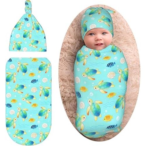Turtle Ocean Baby Stuff Newborn Baby Swaddle Blanket with Beanie Hat,Swaddle Blanket Gifts for Infant Shower Boys Girls
