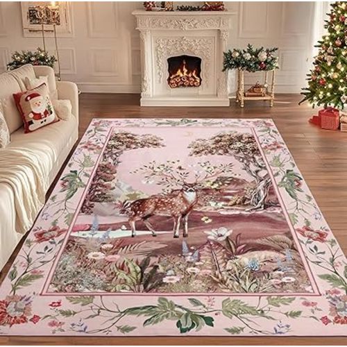 Christmas Living Room Rug 5x7 Machine Washable, Reindeer Floral Area Rug for Bedroom with Non Slip Rubber Backing, Holiday Low Pile Fantasy Carpet for Dining Room Nursery Kids Playroom (Pink)