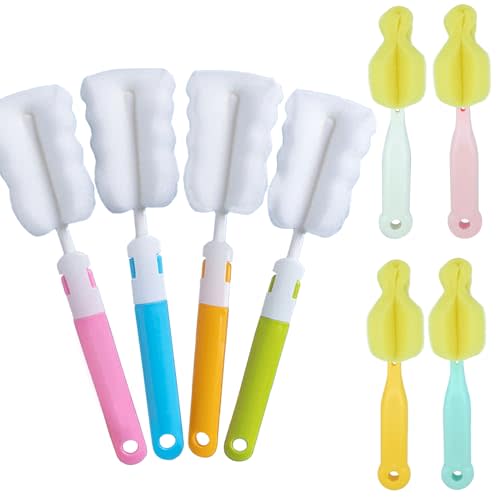 INVODA Cleaning Brush Set, 8PCS Portable Bottle & Nipple Brushes Sponge Material, Soft & Fluffy Texture, Comfortable Grip, Hanging Holes, BPA Free, Ideal for Baby Bottles & Cups