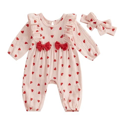 Amnnchya Newborn Baby Girl Valentines Outfit Heart Ruffle Bow Long Sleeve St Patricks Easter Romper Bodysuit