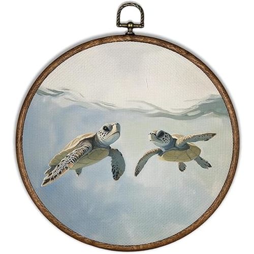 XBBMGG Nautical Sea Turtle Wall Art Decor, Vintage Coastal Turtle Round Wall Hanging Decor, Preppy Beach House Framed Canvas Prints for Boy Kids Nursery Living Room Bathroom Decorations, 10x10inch