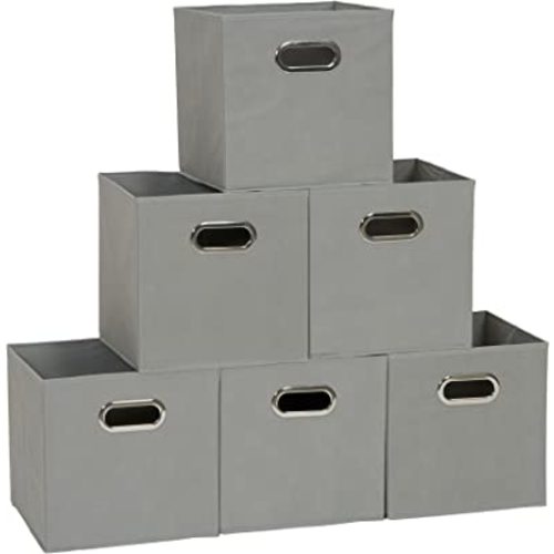 Household Essentials Fabric Storage Bins in Strong Poly‑Woven Fabric, Sturdy Chipboard Sides, Grommet Front Handle, Dove Gray Finish, Set of 6