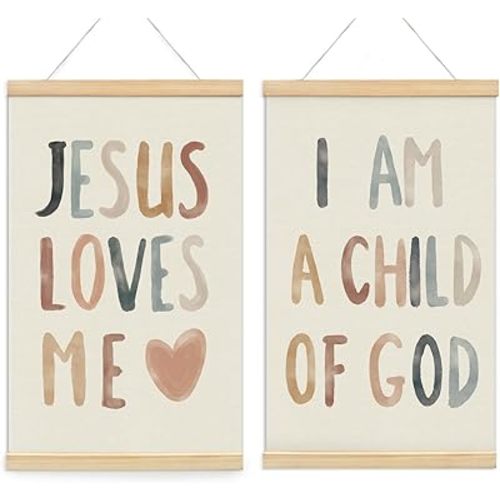 Christian Jesus Nursery Wall Art Decor, Christian Jesus Kids Wall Art Decor, Boho God Decorations For Baby Girls Boys Room Bedroom Bathroom Classroom Church Wood Posters Framed 12X16 In Set Of 2