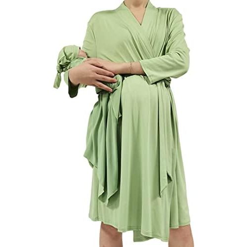 QTECLOR Mommy Robe for Maternity with Matching Swaddle Blanket Girls Boys, Delivery Labor Robe for Hospital Women Dress