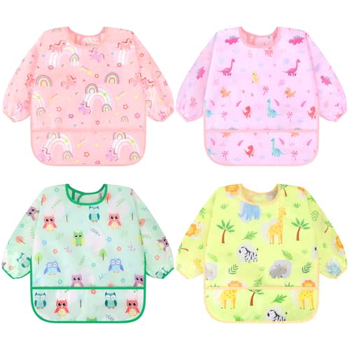 Accmor 4 Pack Long Sleeve Bibs, Baby Smock Waterproof Full Sleeved Bib for Baby Toddler 6-36 Months