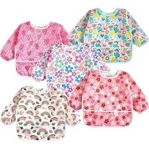 PandaEar 5 Pack Baby Long Sleeve Bibs| Waterproof Full Sleeve Bib for Baby Infant Toddler 6-36 Months