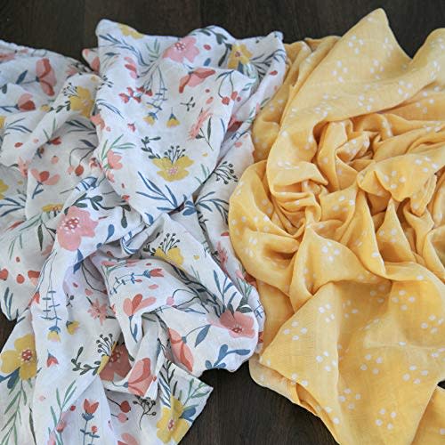 GRACED SOFT LUXURIES Muslin Swaddle Blankets | Breathable, Luxury, Soft & Decorative Baby Swaddle Blanket | Floral Burst/Diamond Dot, 2-Pack - 47" x 47"