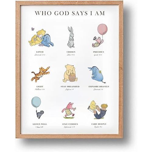 Winnie Nursery Decor, Winnie Poster with Bible Verse, Who God Say I Am, Adorable Pooh Poster Decor for Baby Room, Positive Poster
