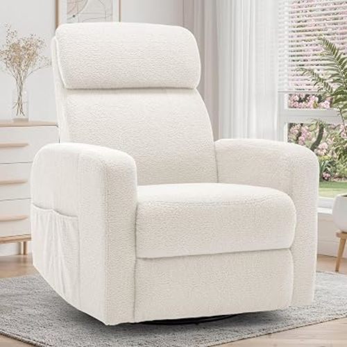 Korser Power Recliner Chair for Adults, Swivel Rocker Recliner with USB Ports, Nursery Rocking Chairs with Side Pockets, Electric Recliner Nursery Glider for Living Room, Sherpa Fabric, Ivory