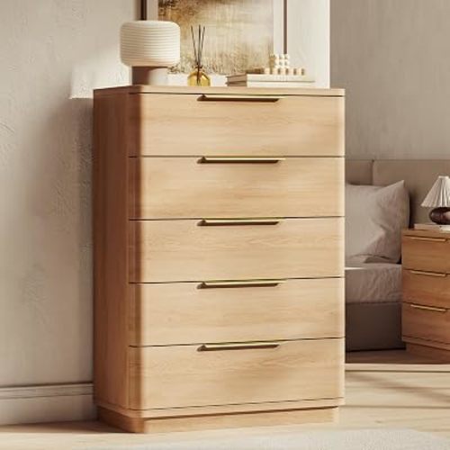 5 Drawer Dresser for Bedroom, 45" Tall Modern Chest of Drawers with Metal Handle, Curved Profile Design, Wooden Closet with Large Drawers Dressers Organizer for Entryway Hallway