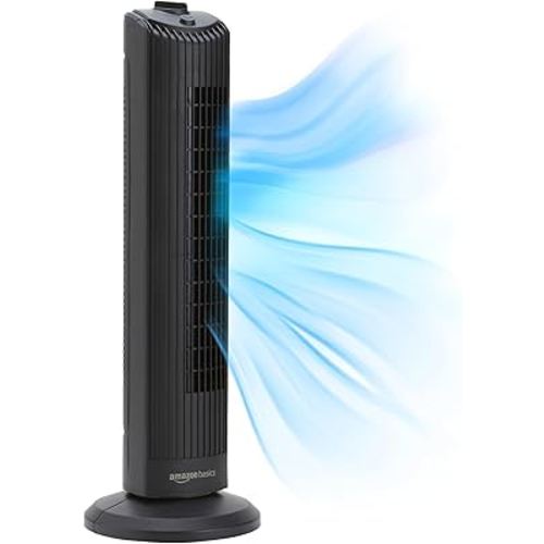 Amazon Basics 28" 60-Degree Oscillating Tower Fan for Bedroom, Living Room, Office, With 3 Speeds, Intuitive Mechanical Control, Black, 35W, 27.8"H x 9.4"D x 9.4"W